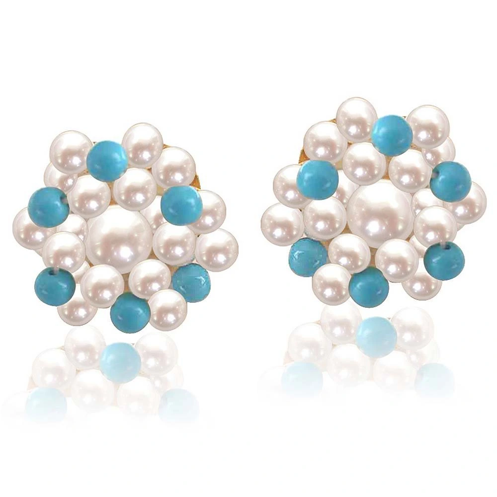 Turquoise Pearl Magic - Real Freshwater Pearl & Turquoise Beads Kuda Jodi Earring for Women (SE18)