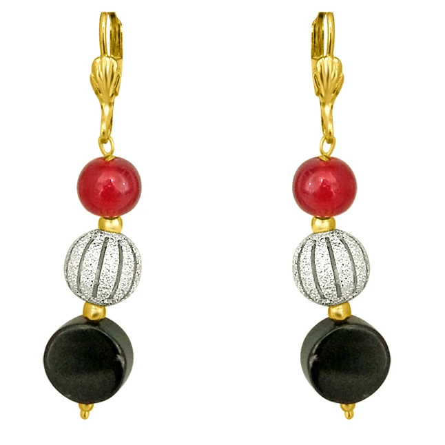 Fancy Black Onyx, Silver Plated Ball & Red Beads Earrings (SE183)