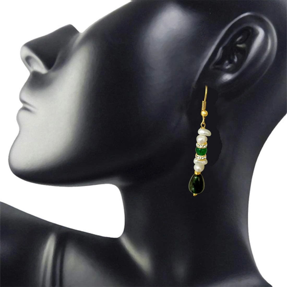 Real Freshwater Pearl & Drop Green Stone Hanging Earring for Women (SE189)