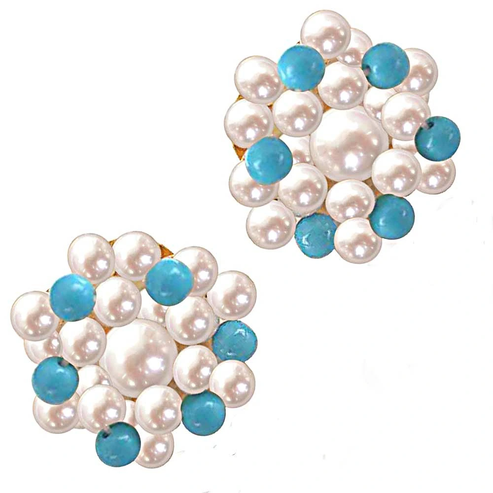 Turquoise Pearl Magic - Real Freshwater Pearl & Turquoise Beads Kuda Jodi Earring for Women (SE18)