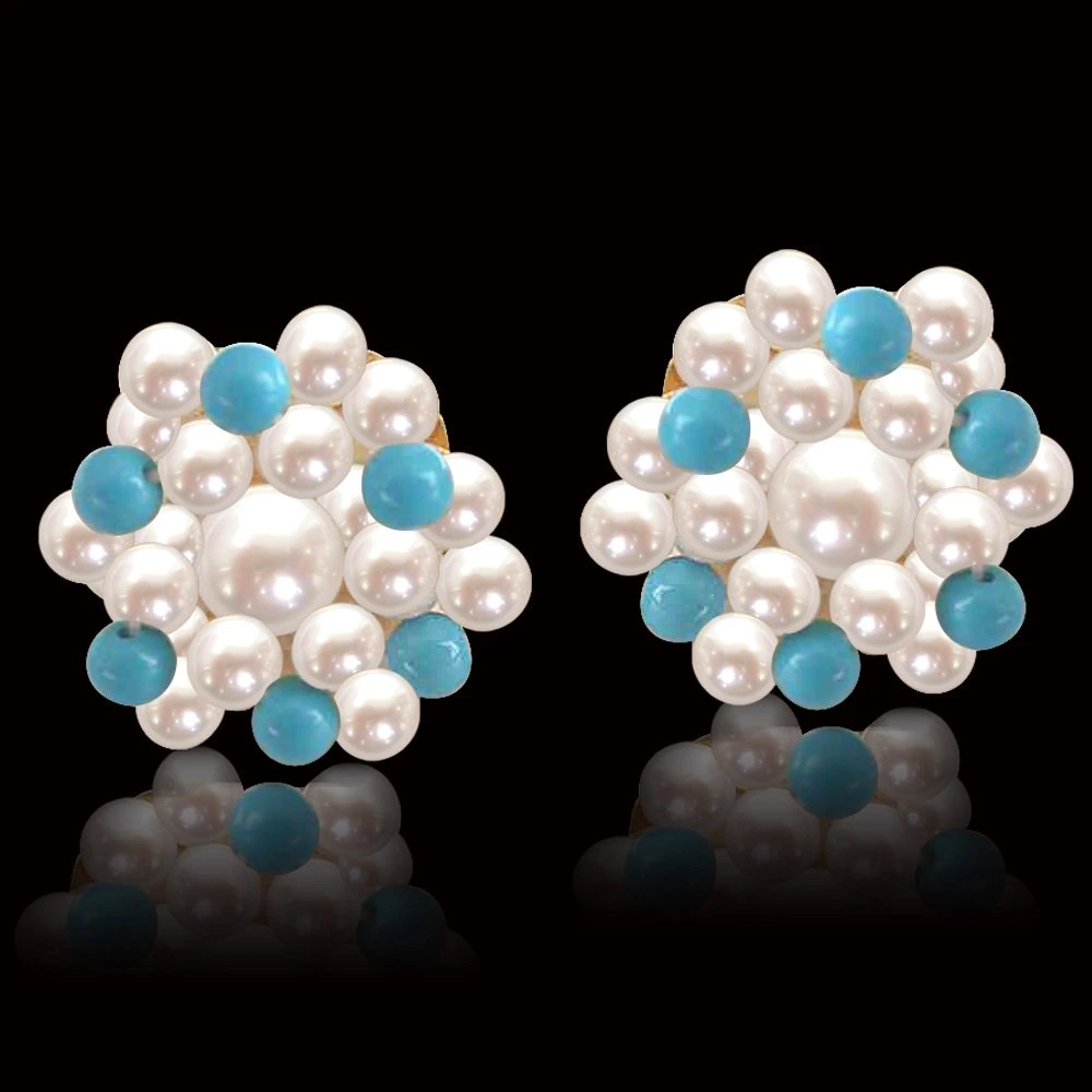 Turquoise Pearl Magic - Real Freshwater Pearl & Turquoise Beads Kuda Jodi Earring for Women (SE18)