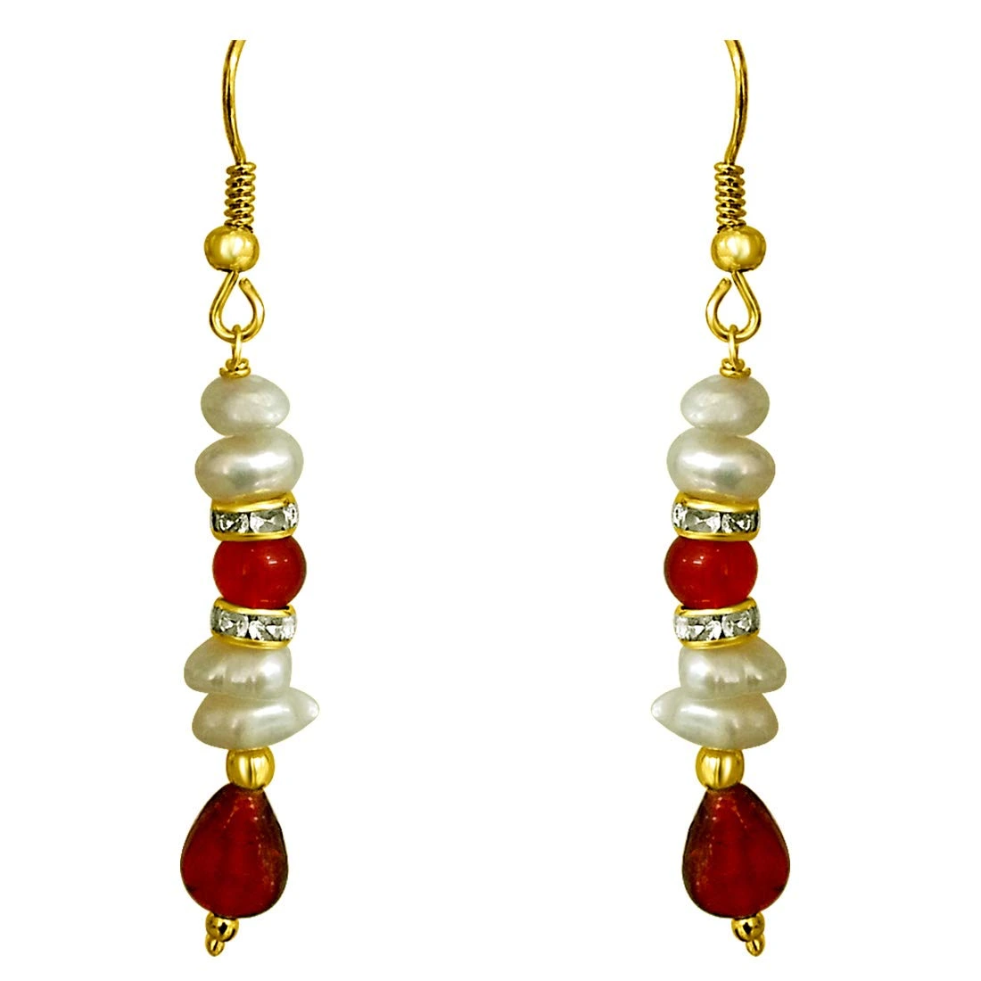 Real Freshwater Pearl & Drop Red Stone Hanging Earrings for Women (SE196)