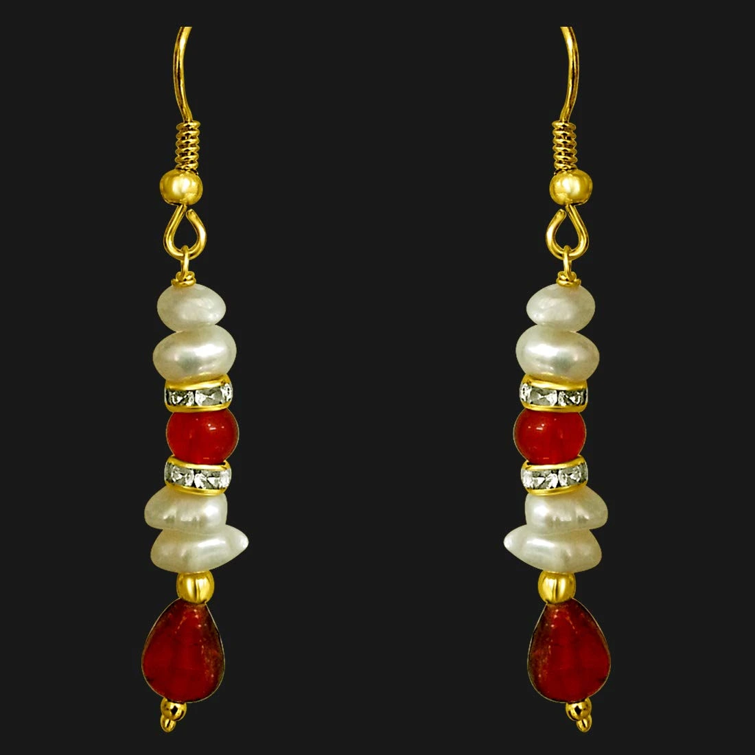 Real Freshwater Pearl & Drop Red Stone Hanging Earrings for Women (SE196)