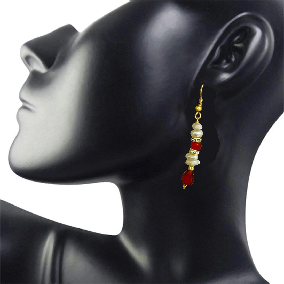 Real Freshwater Pearl & Drop Red Stone Hanging Earrings for Women (SE196)