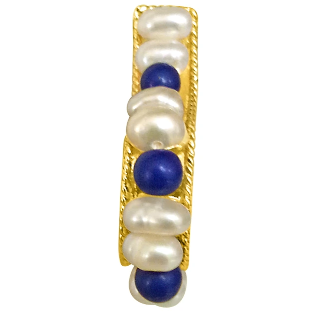 Real Pearl & Blue Lapiz Bali Style Earrings for Women (SE197)