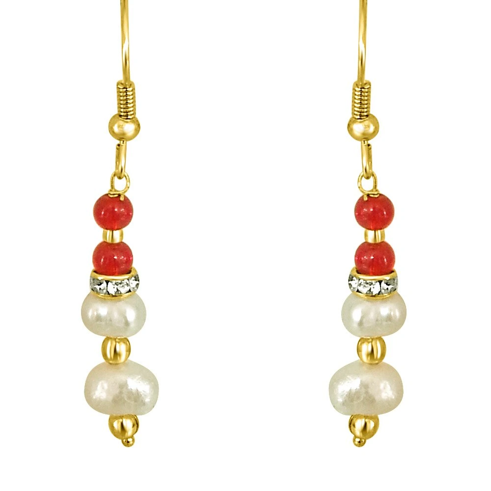 Real Pearl & Red Coloured Stone Hanging Earrings