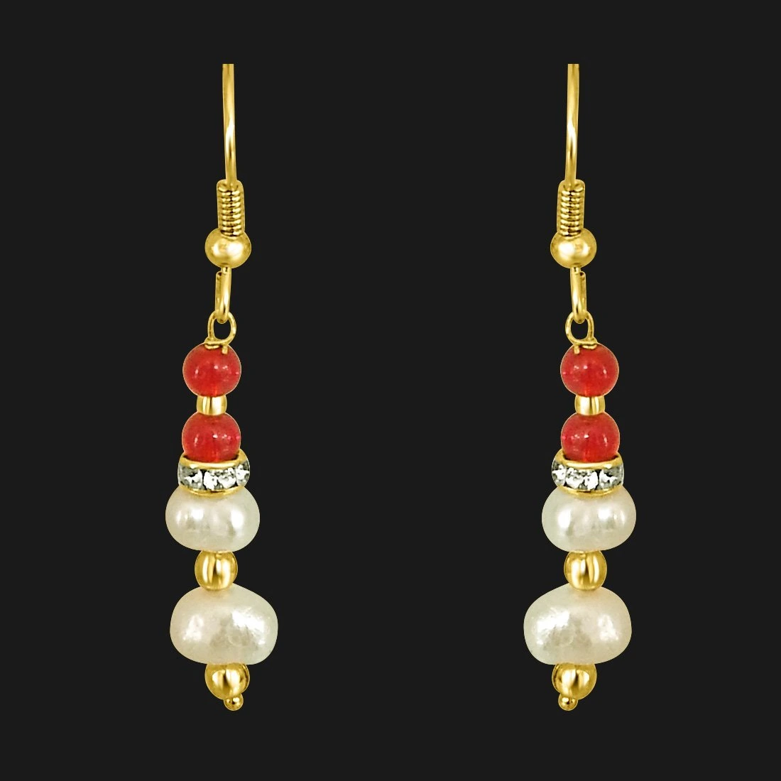 Real Pearl & Red Coloured Stone Hanging Earrings (SE206)