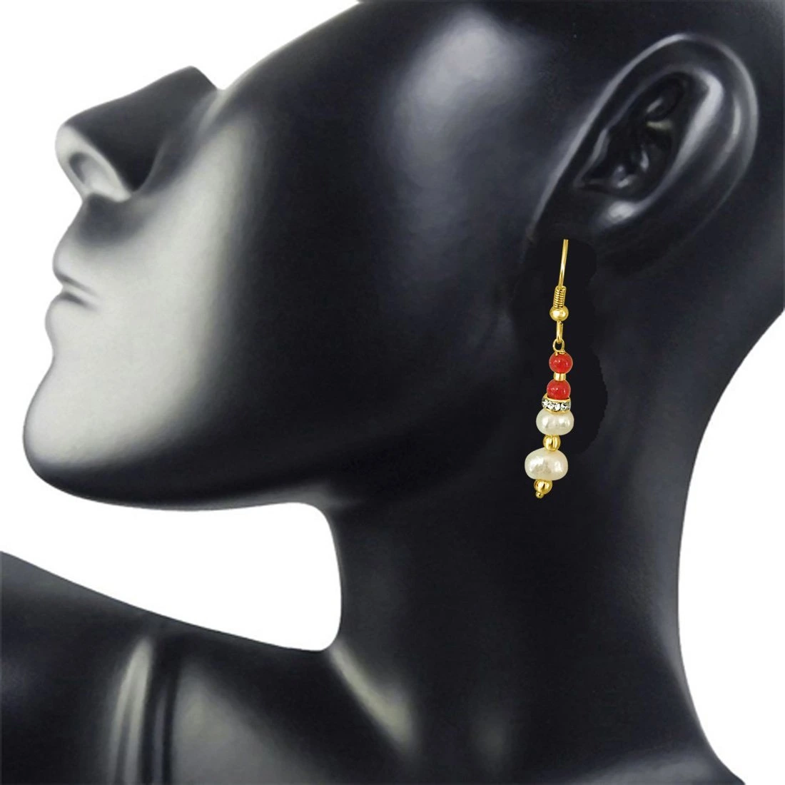 Real Pearl & Red Coloured Stone Hanging Earrings