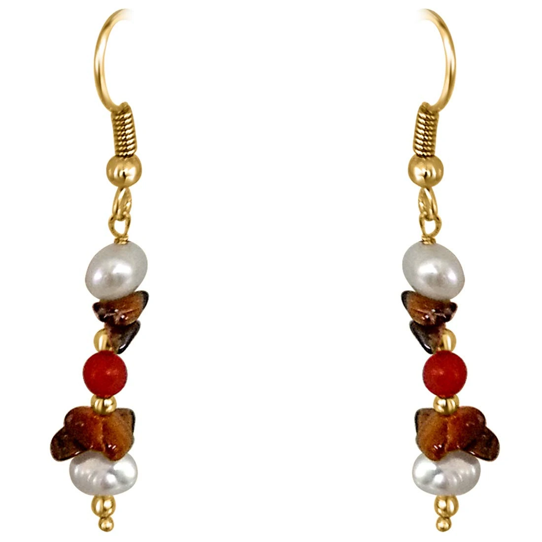 Real Tiger Eye, Coral & Pearl Hanging Earrings for Women (SE207)