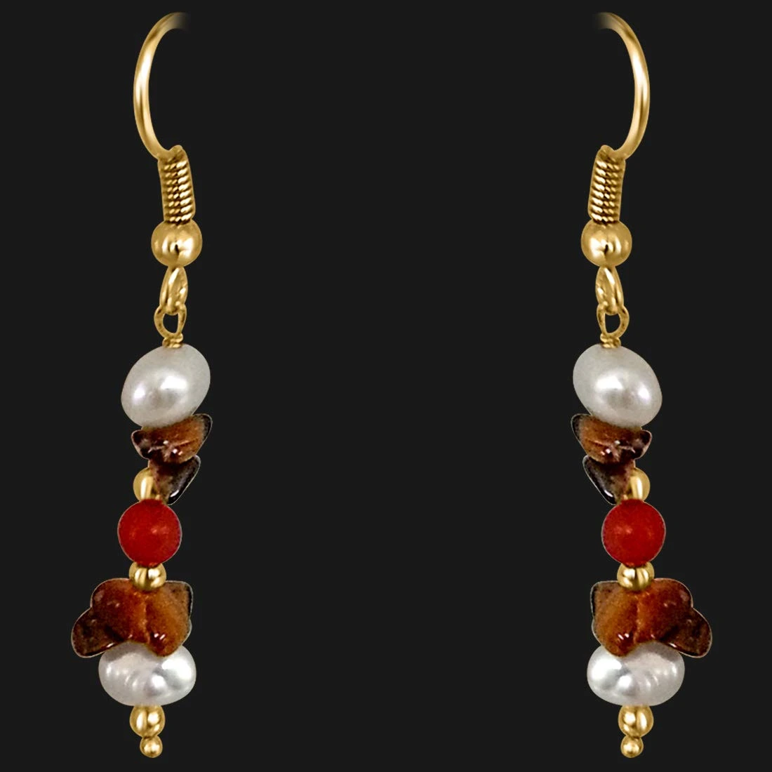 Real Tiger Eye, Coral & Pearl Hanging Earrings for Women (SE207)