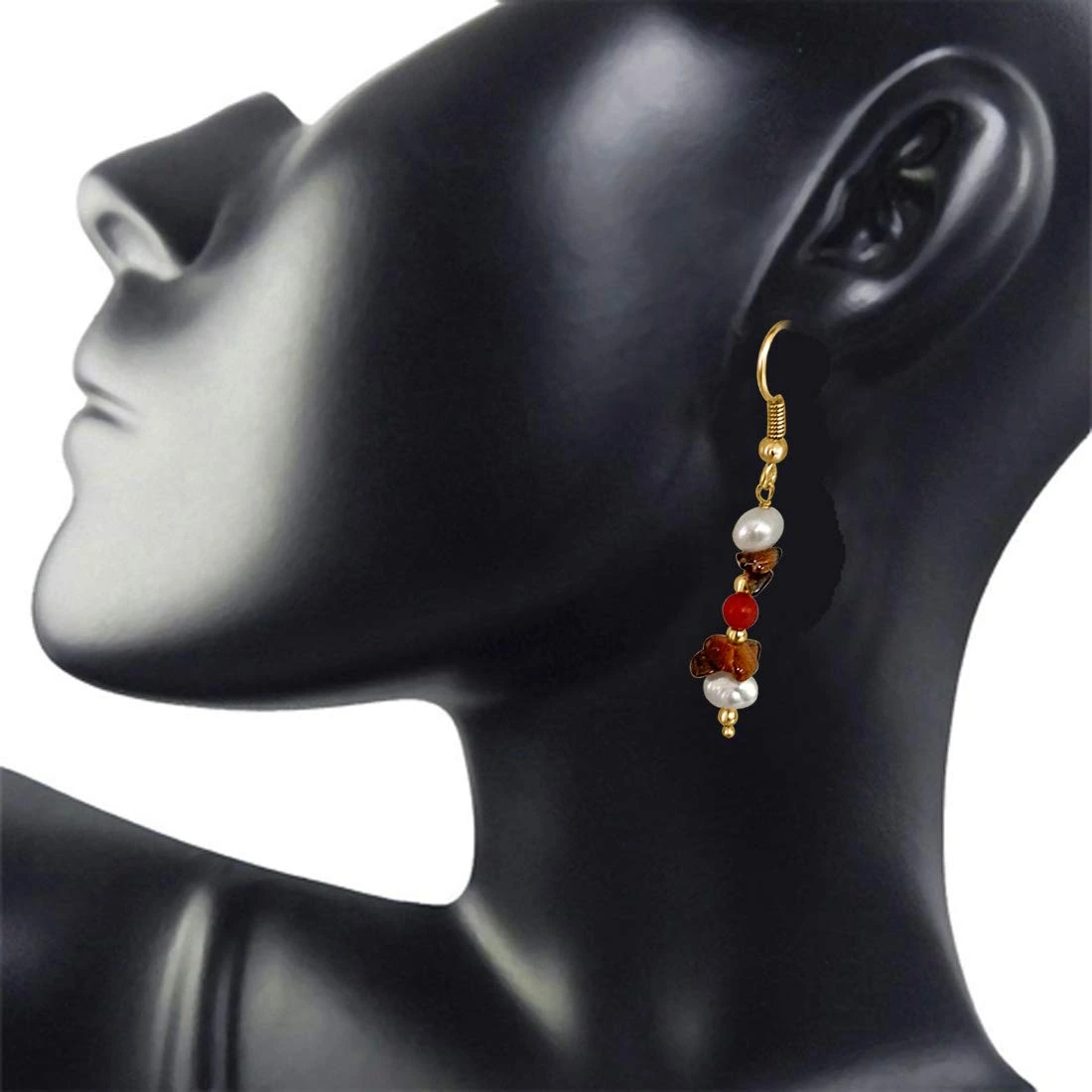 Real Tiger Eye, Coral & Pearl Hanging Earrings for Women (SE207)