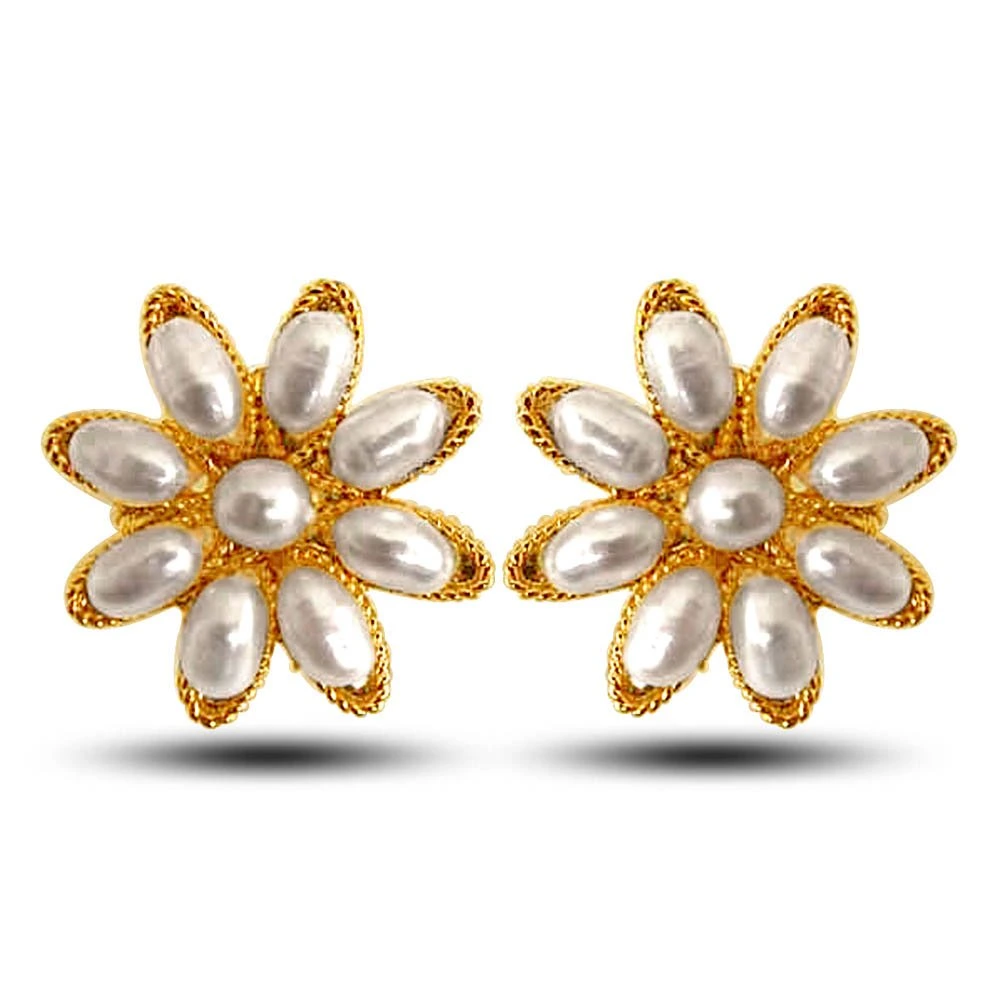 Star Shaped Real Rice Pearl & Gold Plated Earrings (SE21)