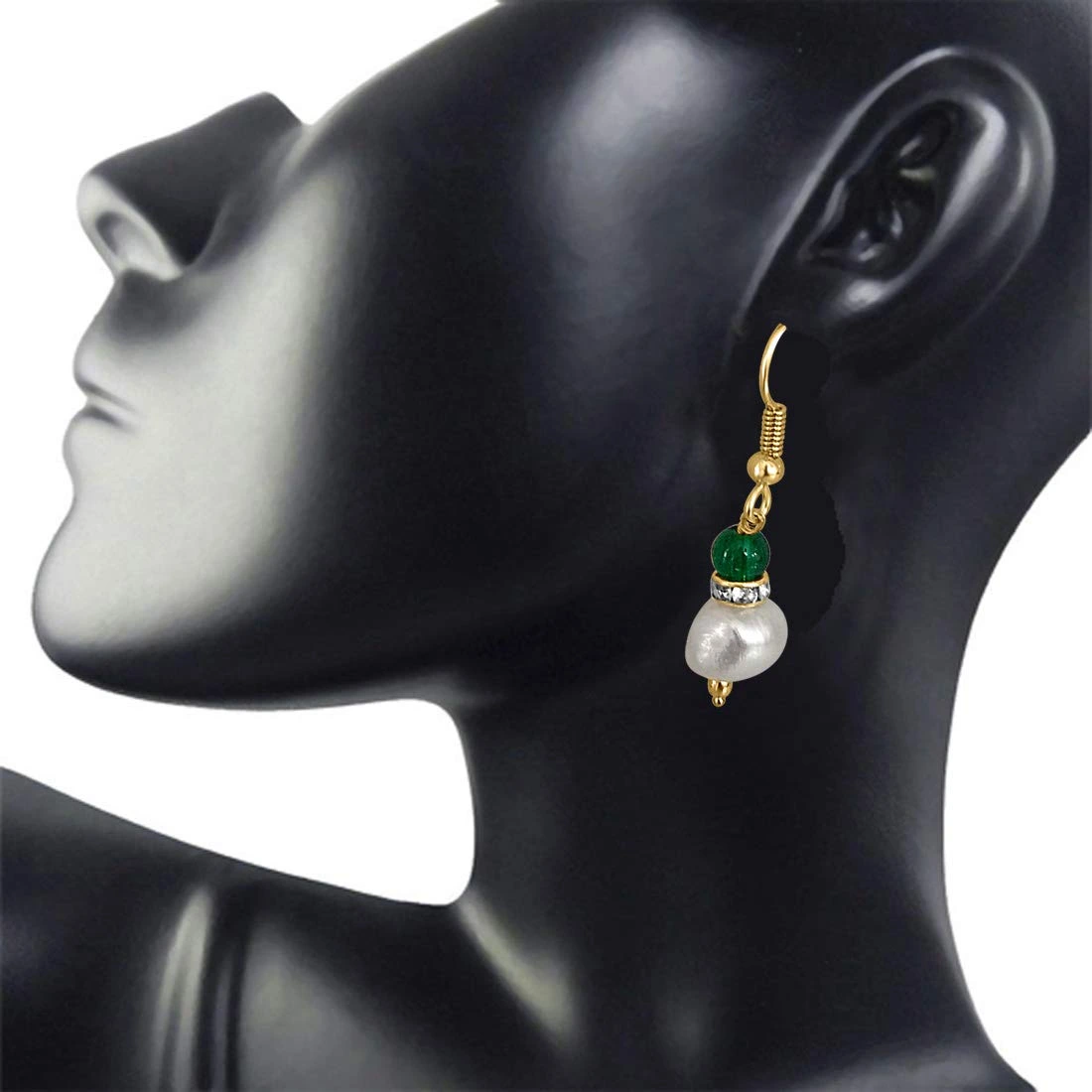 Real Big Pearl & Green Stone Earrings (SE211)