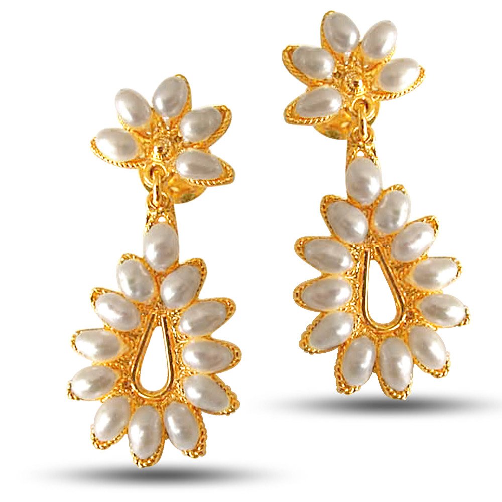 Flower Bloom - Flower Shaped Real Rice Pearl & Gold Plated Hanging Earrings for Women (SE22)