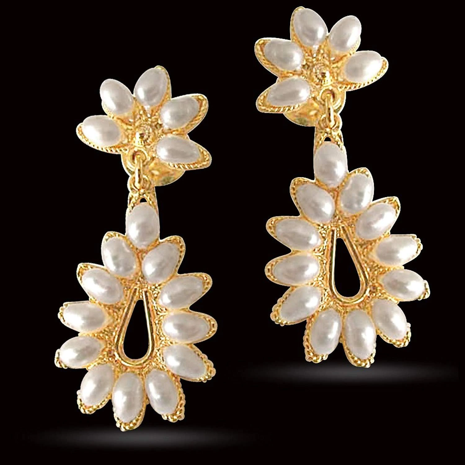 Flower Bloom - Flower Shaped Real Rice Pearl & Gold Plated Hanging Earrings for Women (SE22)