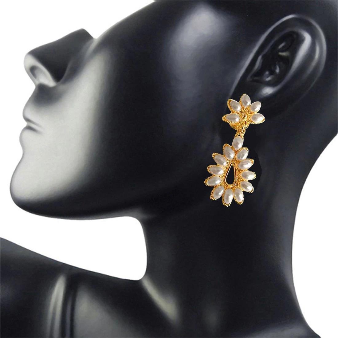 Flower Bloom - Flower Shaped Real Rice Pearl & Gold Plated Hanging Earrings for Women (SE22)