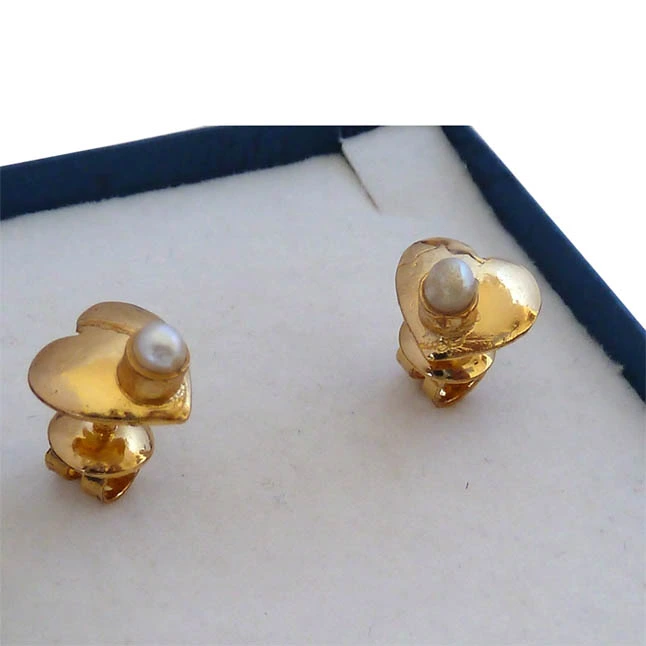 Love You Twice -Pearl & Silver Gold Plated Earrings -Heart Shape Earrings