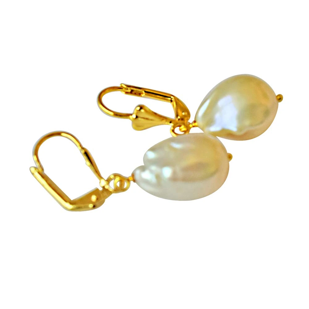Unique Shaped Real Natural Peach Coloured Baroque Pearl & Gold Plated Hanging Earring SE233-37