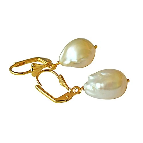 Unique Shaped Real Natural Peach Coloured Baroque Pearl & Gold Plated Hanging Earring SE233-37