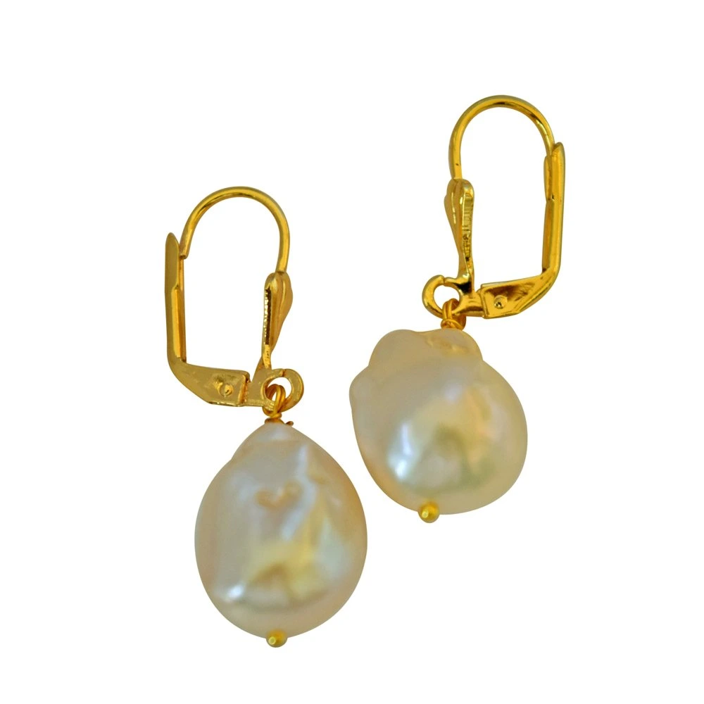 Unique Shaped Real Natural Peach Coloured Baroque Pearl & Gold Plated Hanging Earring SE233-42