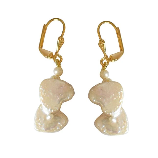 Real Natural Double Heart & Round Pearl & Gold Plated Hanging Earrings (SE234)