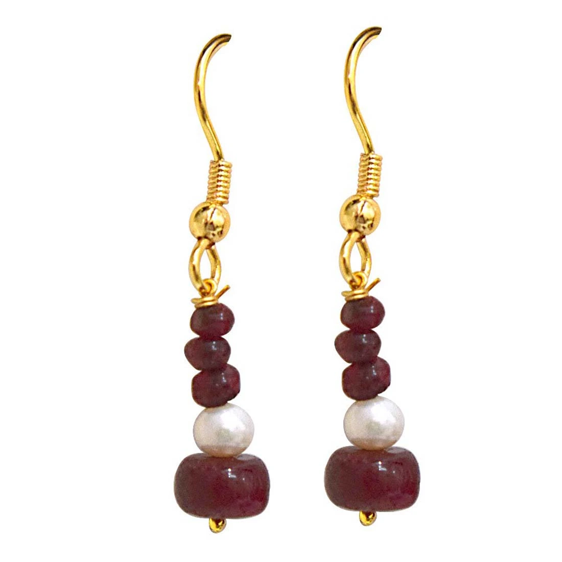 Real Dark Red Ruby Beads & Freshwater Pearl Gold Plated Hanging Earrings for Women (SE238)