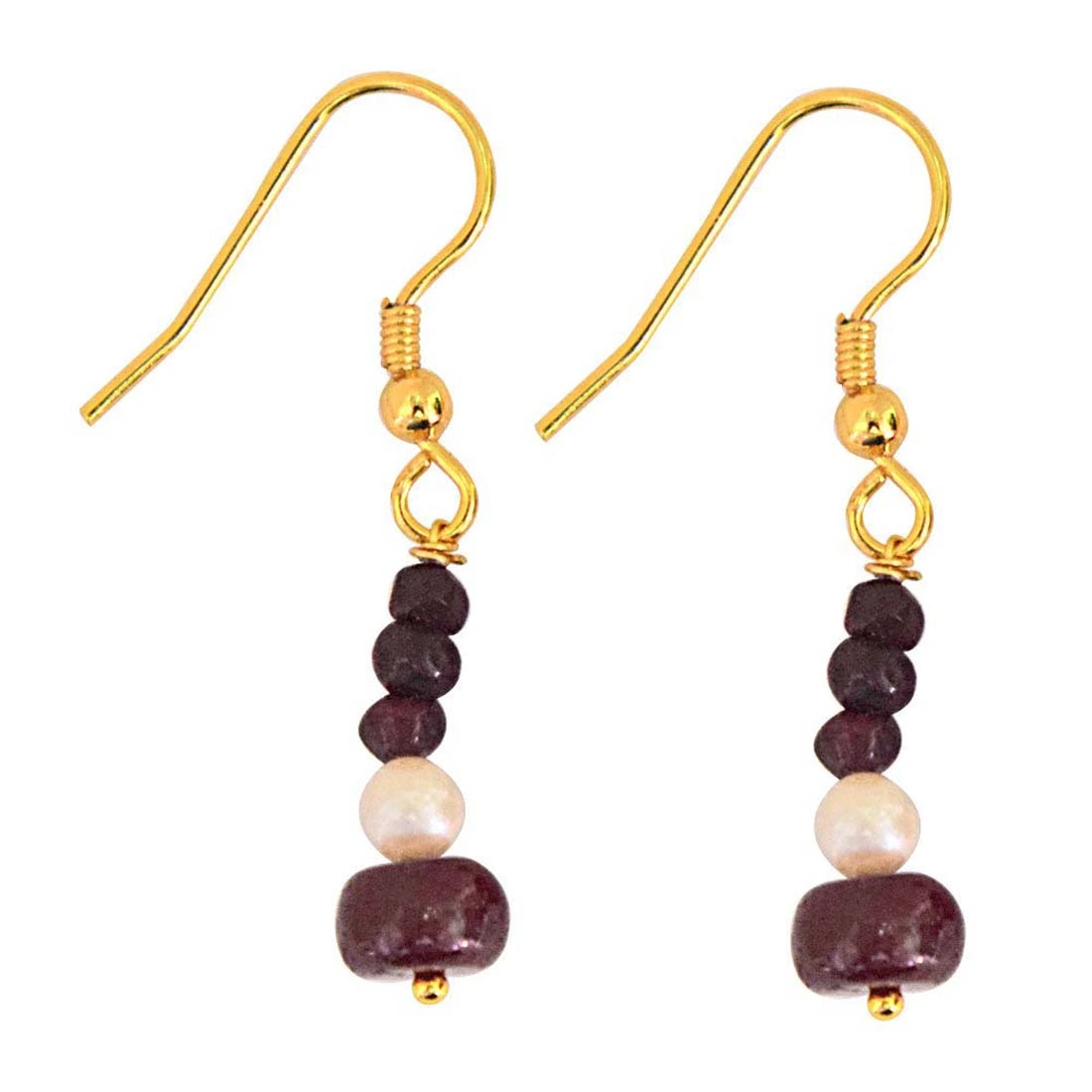 Real Dark Red Ruby Beads & Freshwater Pearl Gold Plated Hanging Earrings for Women (SE238)