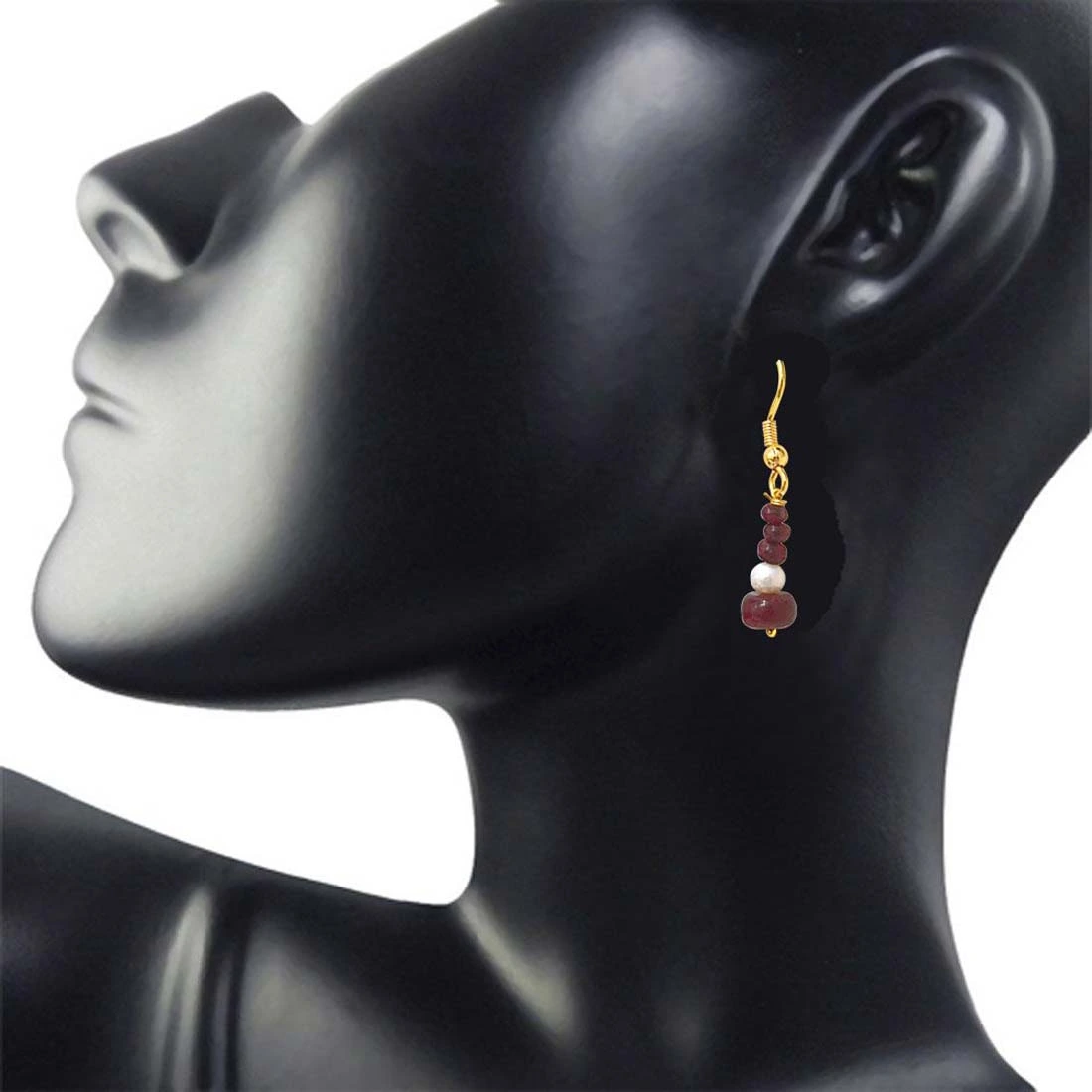 Real Dark Red Ruby Beads & Freshwater Pearl Gold Plated Hanging Earrings for Women (SE238)