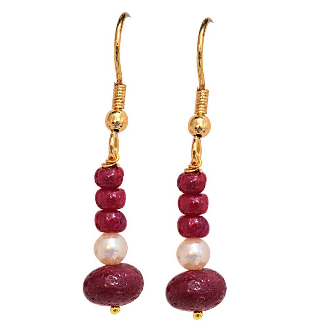 Real Bright Red Ruby Beads & Freshwater Pearl Gold Plated Hanging Earrings for Women (SE239)