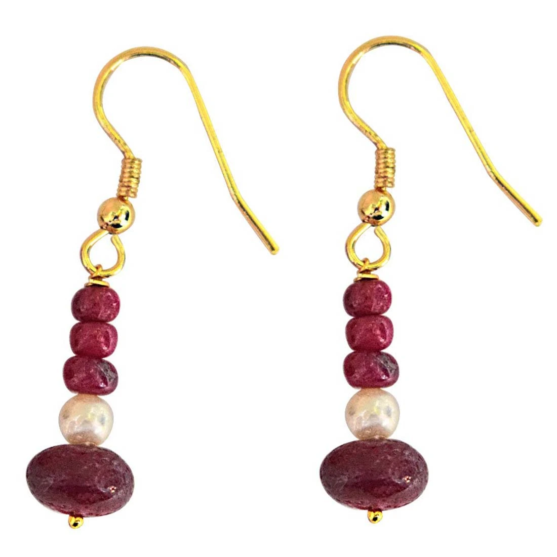 Real Bright Red Ruby Beads & Freshwater Pearl Gold Plated Hanging Earrings for Women (SE239)