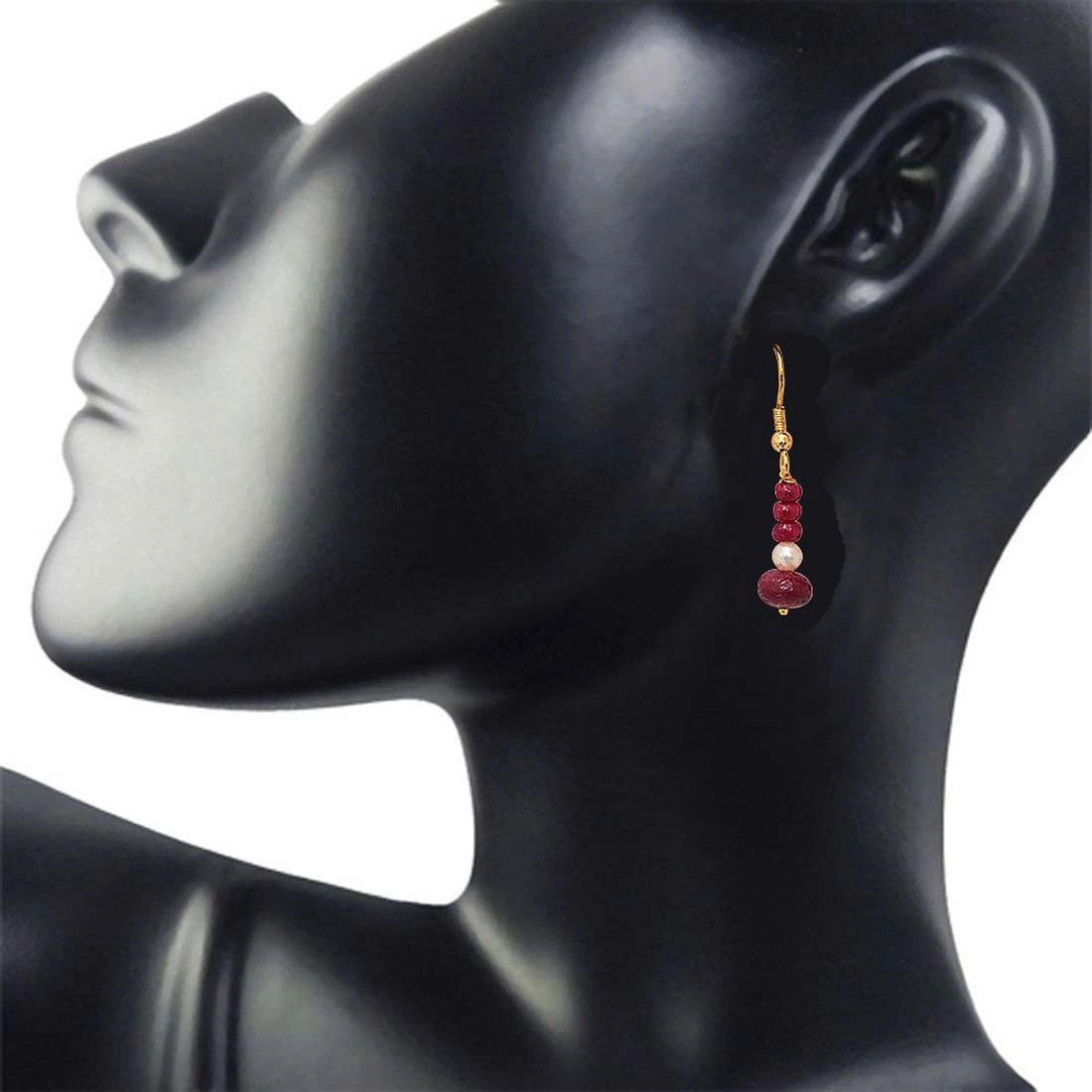 Real Bright Red Ruby Beads & Freshwater Pearl Gold Plated Hanging Earrings for Women (SE239)