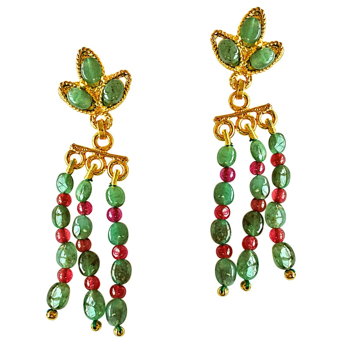 Real Green Emerald, Red Ruby and Gold Plated Hanging Earrings (SE252)