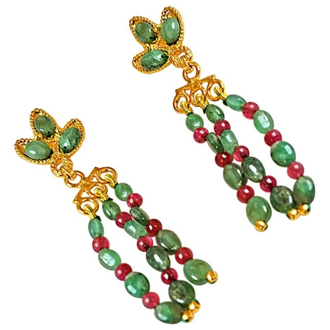 Real Green Emerald, Red Ruby and Gold Plated Hanging Earrings (SE252)