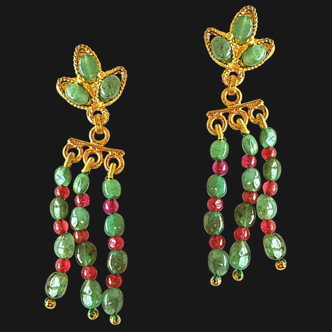 Real Green Emerald, Red Ruby and Gold Plated Hanging Earrings (SE252)