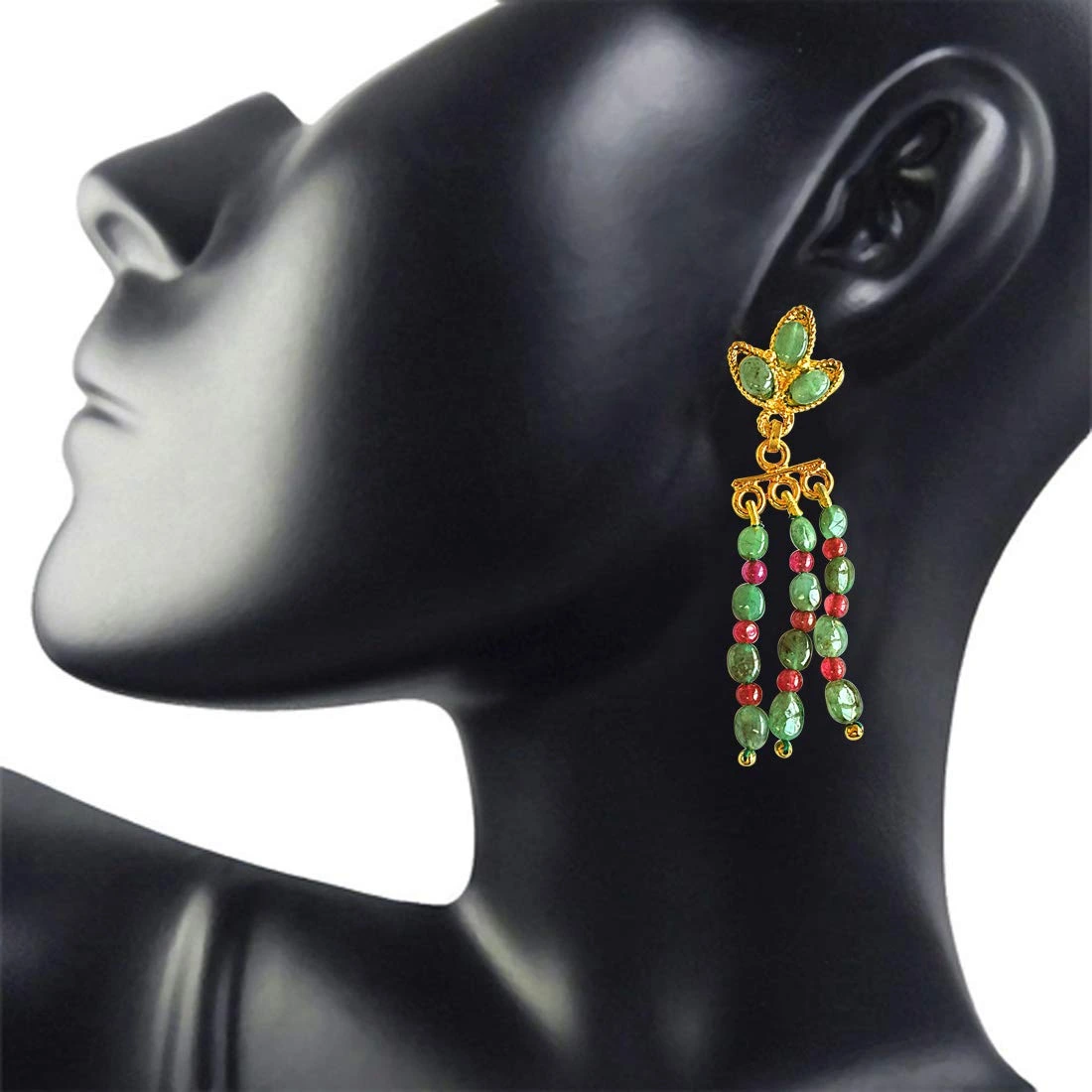 Real Green Emerald, Red Ruby and Gold Plated Hanging Earrings (SE252)