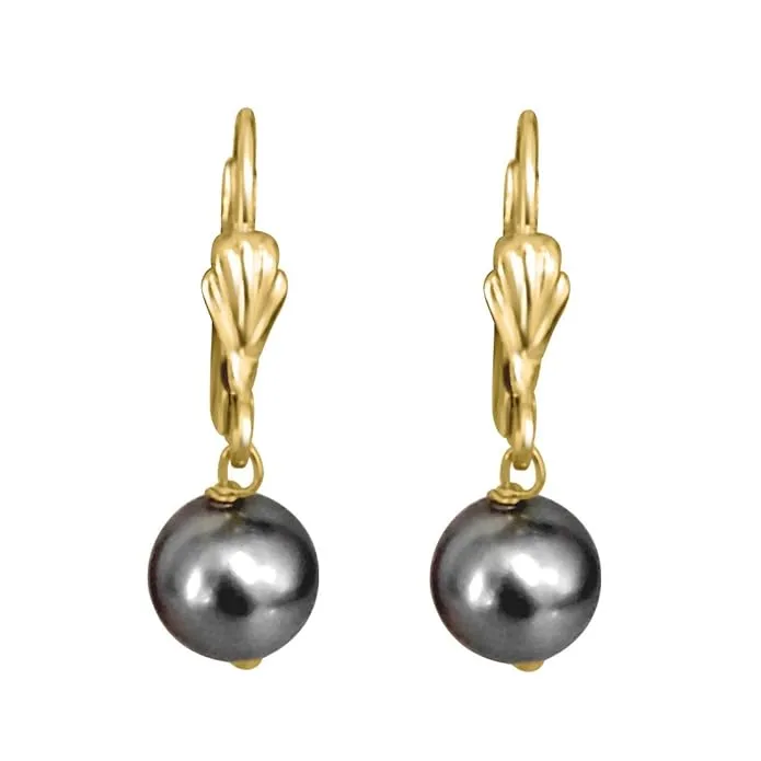 Grey Shell Pearl and Flower Shaped Gold Plated Wire Dangle and Drop Earrings (SE256)