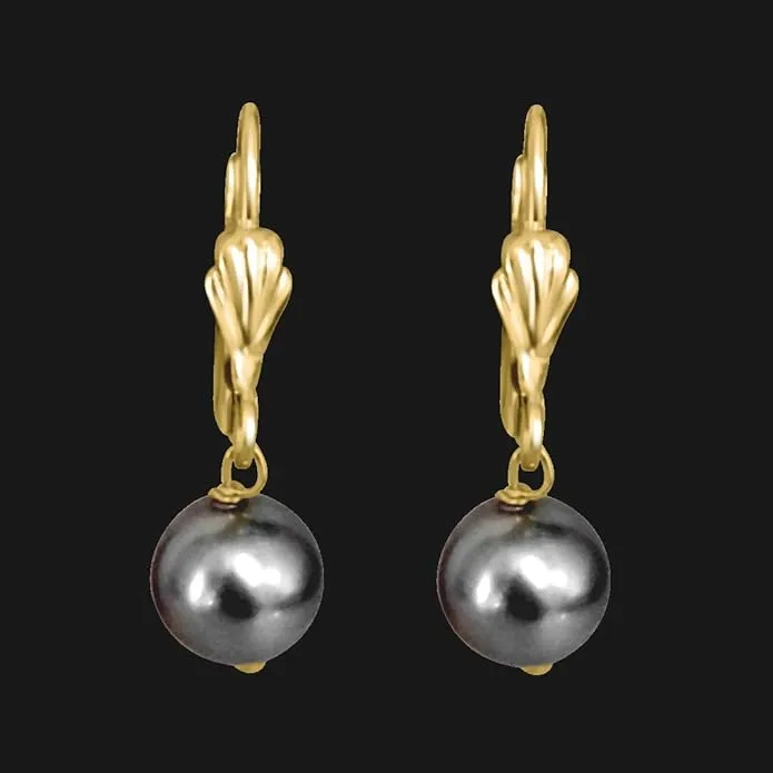 Grey Shell Pearl and Flower Shaped Gold Plated Wire Dangle and Drop Earrings (SE256)