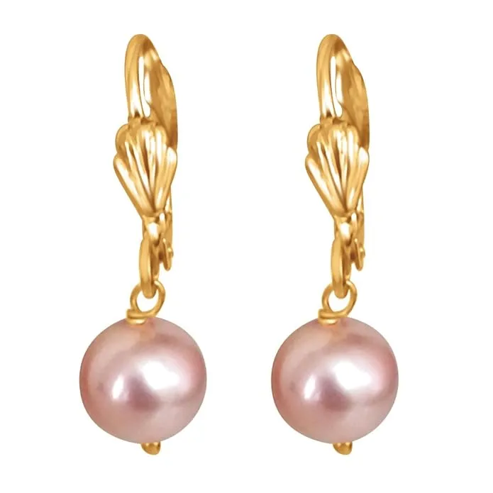 Pink Shell Pearl and Flower Shaped Gold Plated Wire Dangle and Drop Earrings (SE257)