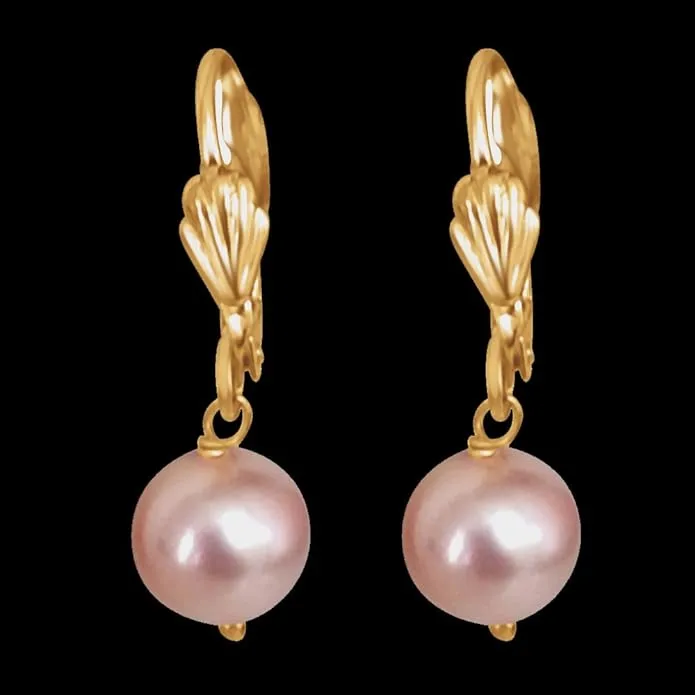 Pink Shell Pearl and Flower Shaped Gold Plated Wire Dangle and Drop Earrings (SE257)