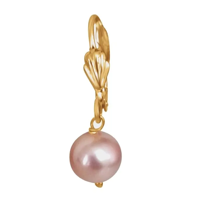 Pink Shell Pearl and Flower Shaped Gold Plated Wire Dangle and Drop Earrings (SE257)
