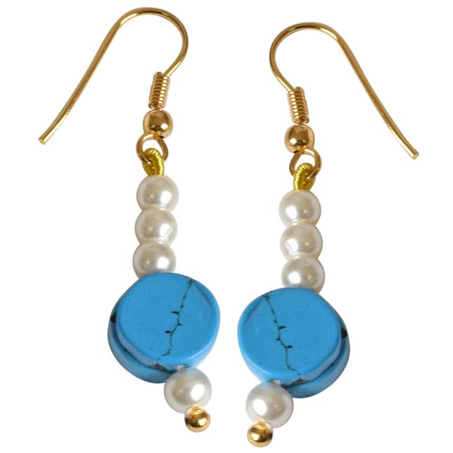 Gold Plated Hanging Earring with Blue Turquoise and White Shell Pearl for Women (SE258)