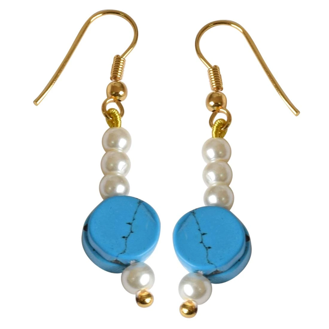 Gold Plated Hanging Earring with Blue Turquoise and White Shell Pearl for Women (SE258)