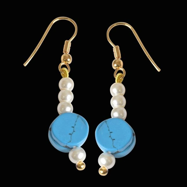 Gold Plated Hanging Earring with Blue Turquoise and White Shell Pearl for Women (SE258)