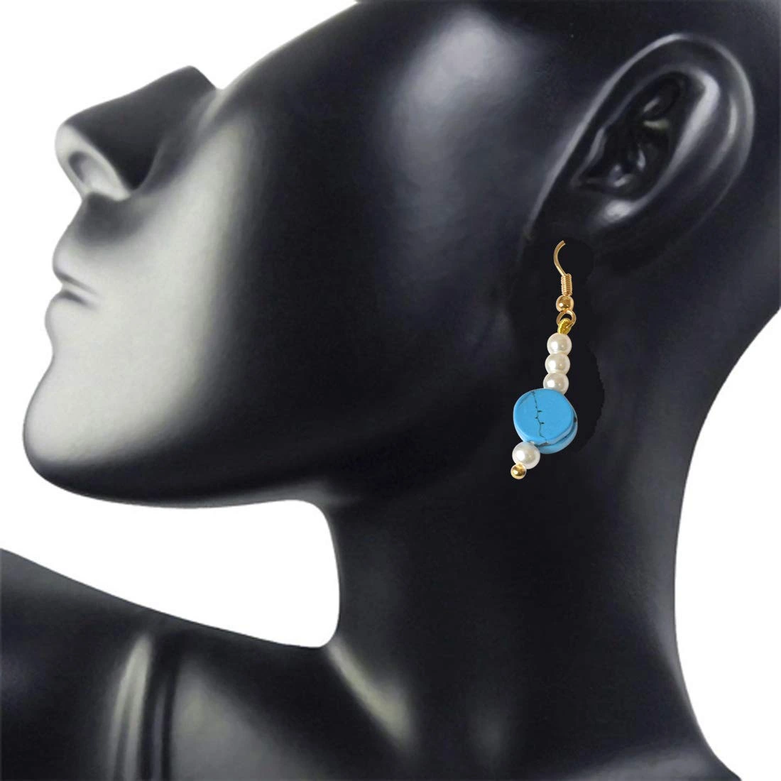 Gold Plated Hanging Earring with Blue Turquoise and White Shell Pearl for Women (SE258)