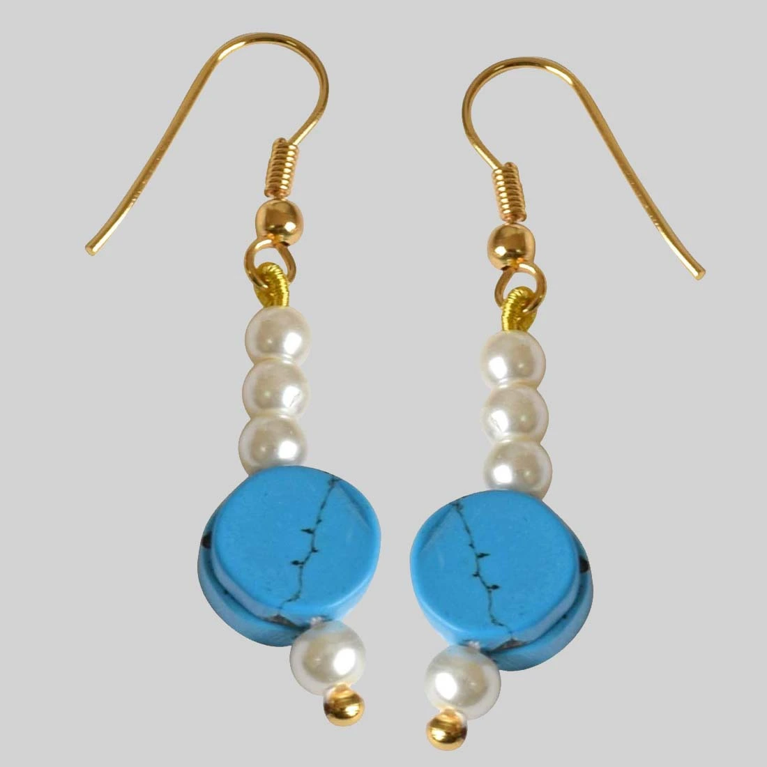 Gold Plated Hanging Earring with Blue Turquoise and White Shell Pearl for Women (SE258)