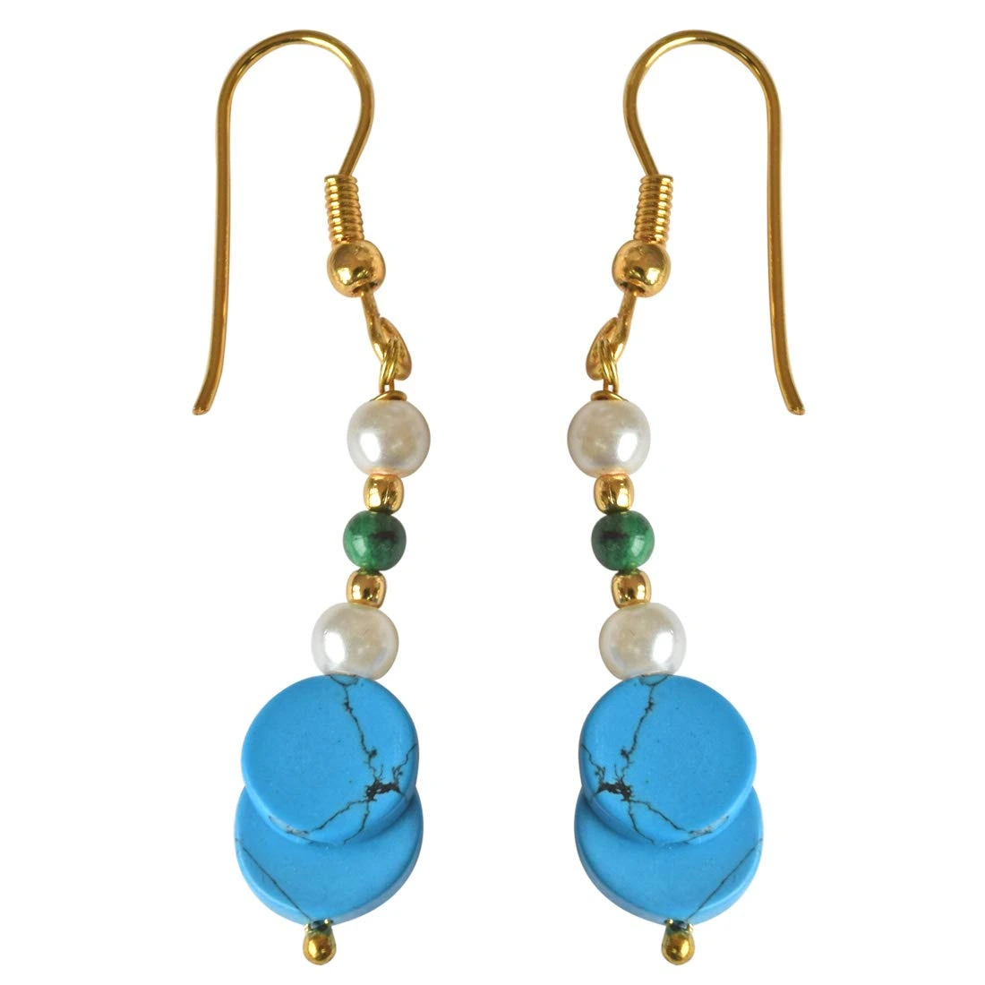 Gold Plated Hanging Earring with Pearl, Malachite and Turquoise Gemstones for Women (SE259)