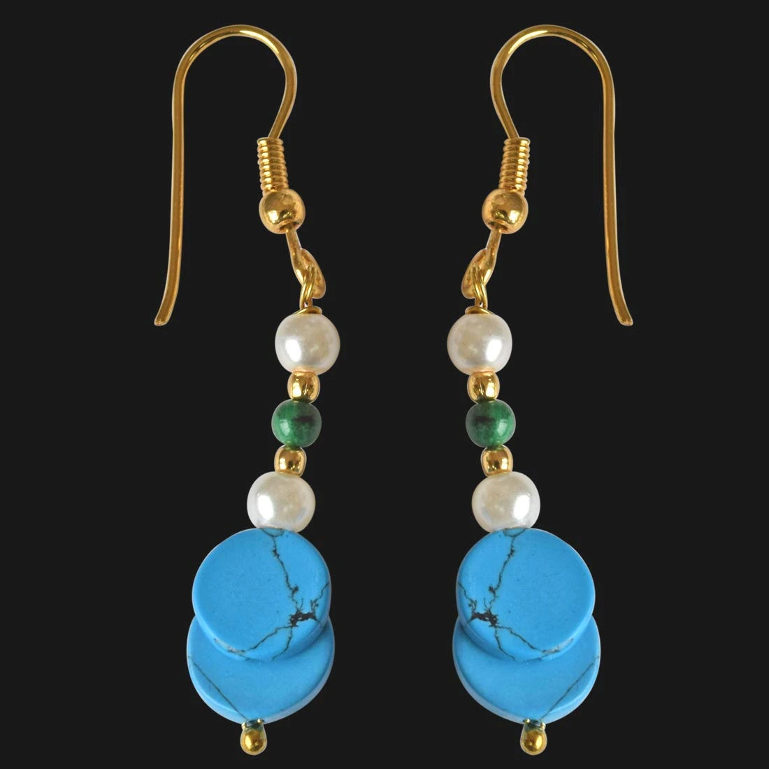 Gold Plated Hanging Earring with Pearl, Malachite and Turquoise Gemstones for Women (SE259)