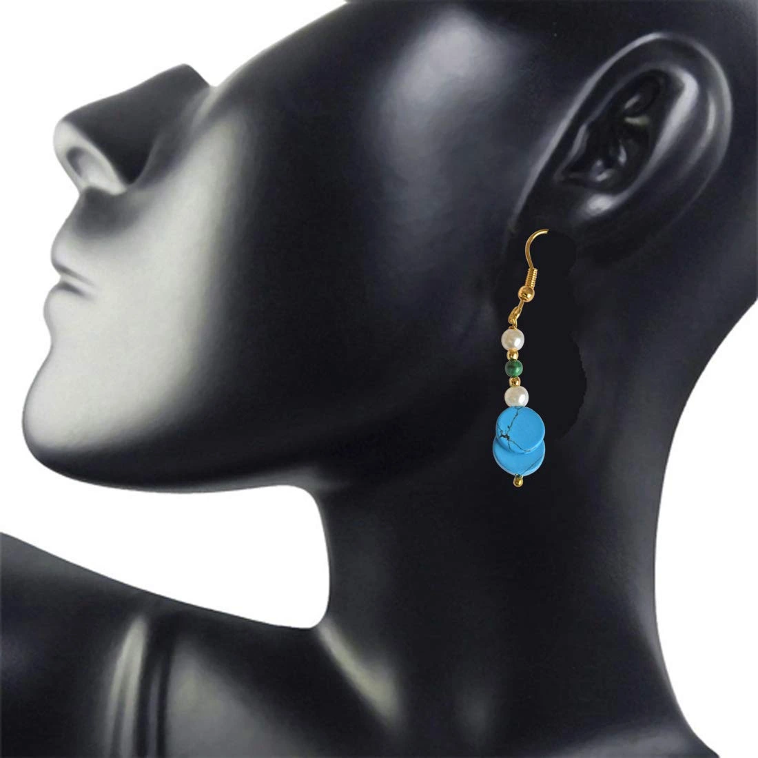 Gold Plated Hanging Earring with Pearl, Malachite and Turquoise Gemstones for Women (SE259)