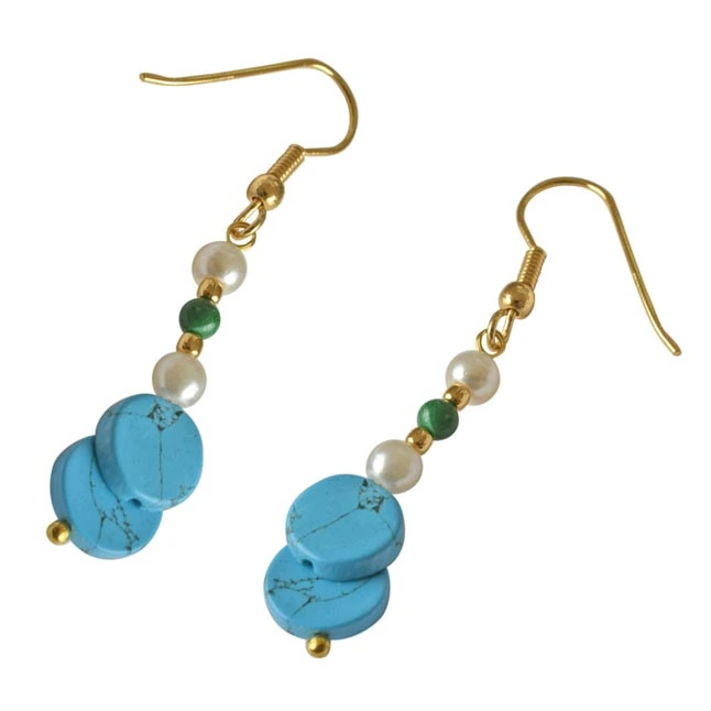 Gold Plated Hanging Earring with Pearl, Malachite and Turquoise Gemstones for Women (SE259)