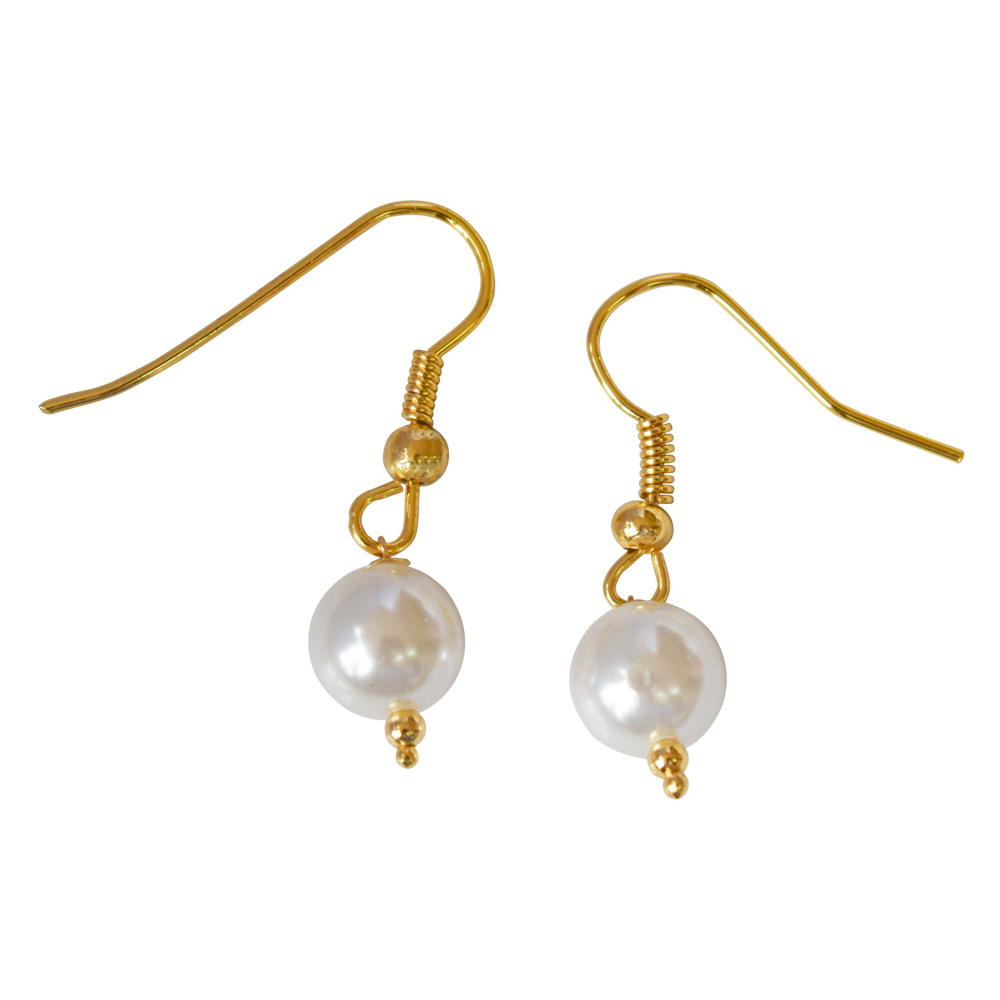 6 mm White Shell Pearl and Gold Plated Wire Hanging Earrings for Girls (SE260)